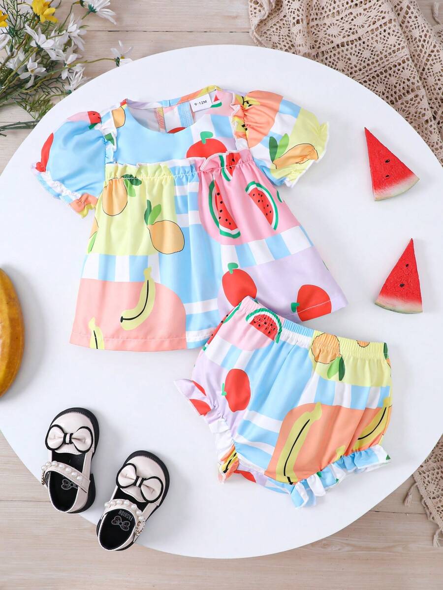 2 Pièces Tenue À Manches À Bulles À Imprimé Fruit Patchwork Adorable Pour Bébé Fille. Convient Pour Un Usage Quotidien En Été. - Multicolore - Voir 1