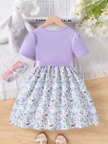 SHEIN 少女夏季新品兔子刺繡、拼布、花卉印花可愛短袖裙 - 紫色 - 查看 2