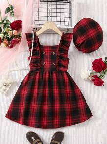 SHEIN Mexican Children Day Young Girls' Red Plaid Dress With Hat, Cute And Lively Style, Fashionable And Versatile, Perfect For Spring And Summer - Red - View 1