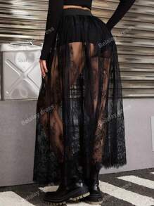 Lace Mesh Layered Skirt With Underskirt