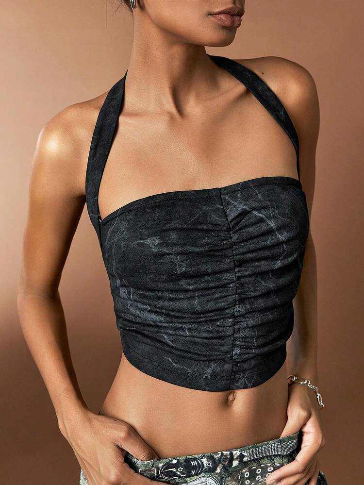 Grey Suede Water Washed Cropped Halter Top With Pleated Detail