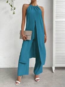 SHEIN Essnce Solid Split Hem Halter Top & Wide Leg Trousers - Blue - View 1