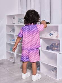 漸層字母印花襯衫和短褲套裝,適用於嬰幼兒男寶寶 - 紫色 - 查看 2