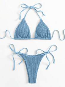 SHEIN Swim Holiday Solid Color Texture Two-Piece Bikini Set, Summer Beach - Dusty Blue - View 1