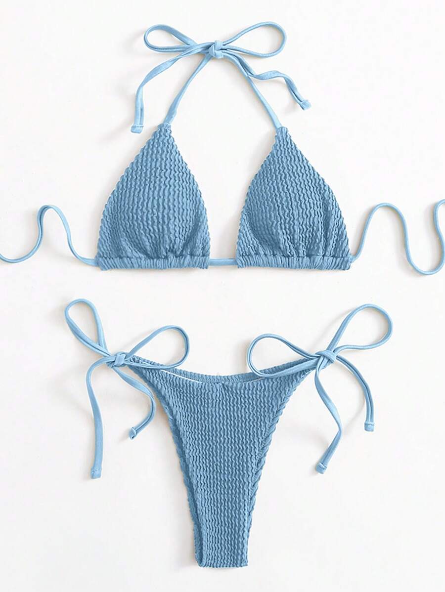SHEIN Swim Holiday Solid Color Texture Two-Piece Bikini Set, Summer Beach - Dusty Blue - View 1