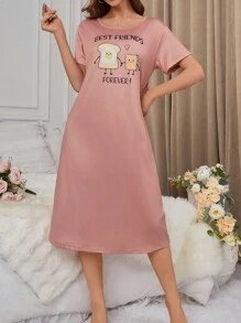 Women's Cute Toast Print Knee-Length Pajama Night Dress - Multicolor - View 5