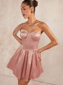 L'Amorae Pleated Bust Sweetheart Satin Dress