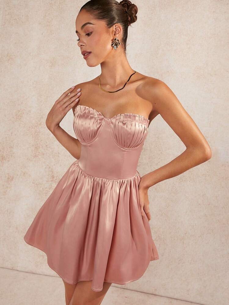 Pleated Bust Sweetheart Satin Dress