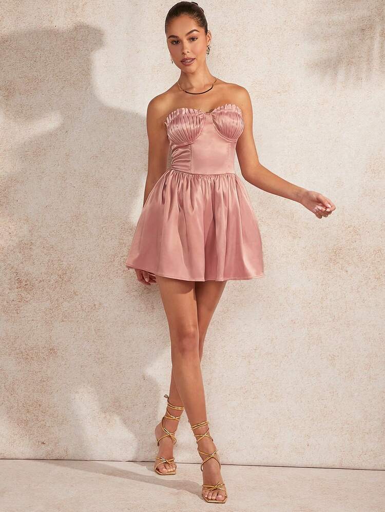 Pleated Bust Sweetheart Satin Dress
