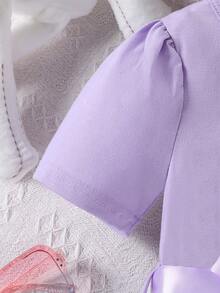 SHEIN 少女夏季新品兔子刺繡、拼布、花卉印花可愛短袖裙 - 紫色 - 查看 4