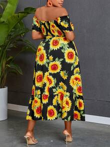 SHEIN Holidaya 超大碼假日向日葵印花露肩裙