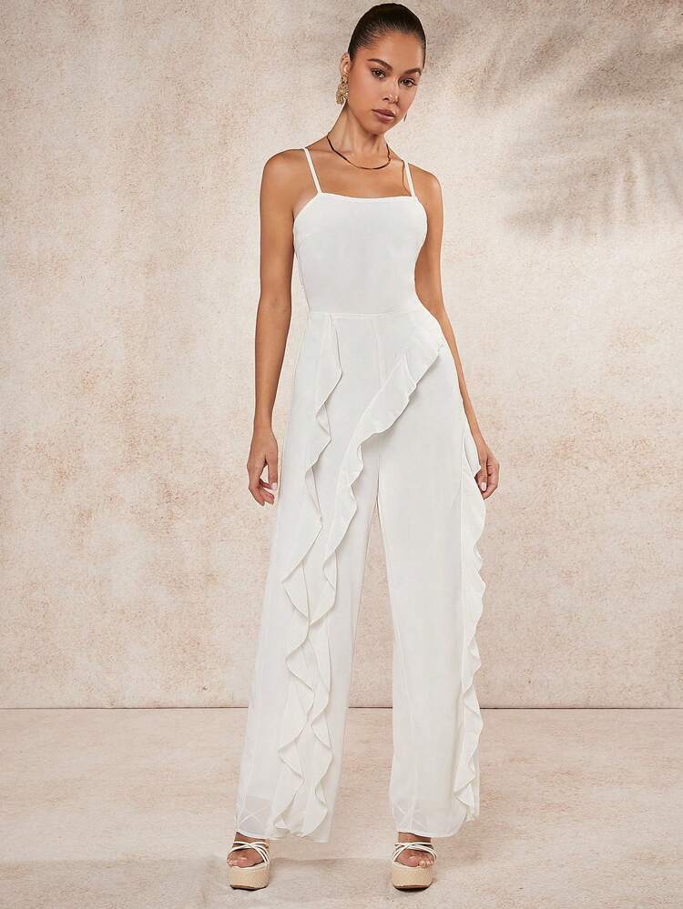 Ruffle Wide Leg Lace Up Back Jumpsuit