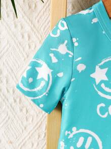 嬰兒男童休閒可愛數字和表情印花短袖上衣和短褲套裝,適用於居家穿著 - 薄荷藍 - 查看 4