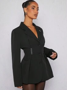 Hauture Blazer oversize con hombros acolchados, pliegues y bajo acampanado - Negro - Ver 5