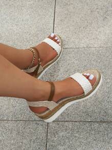 女式夏季白色厚底編織麻繩楔形涼鞋 - 白色 - 查看 3