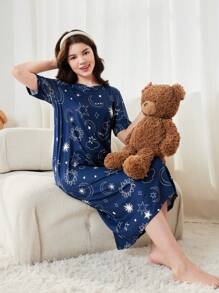 夏季少女鬆身星星印花家居服睡衣 - 寶藍色 - 查看 5