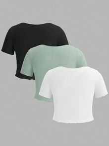 SHEIN Essnce Kích thước lớn Mùa Xuân Và Mùa hè 3 miếng Nhiều màu Đi ra ngoài Gầy Và Linh hoạt Thon gọn Cổ áo có khía Quần skinny Áo thun - Nhiều màu - Xem 2