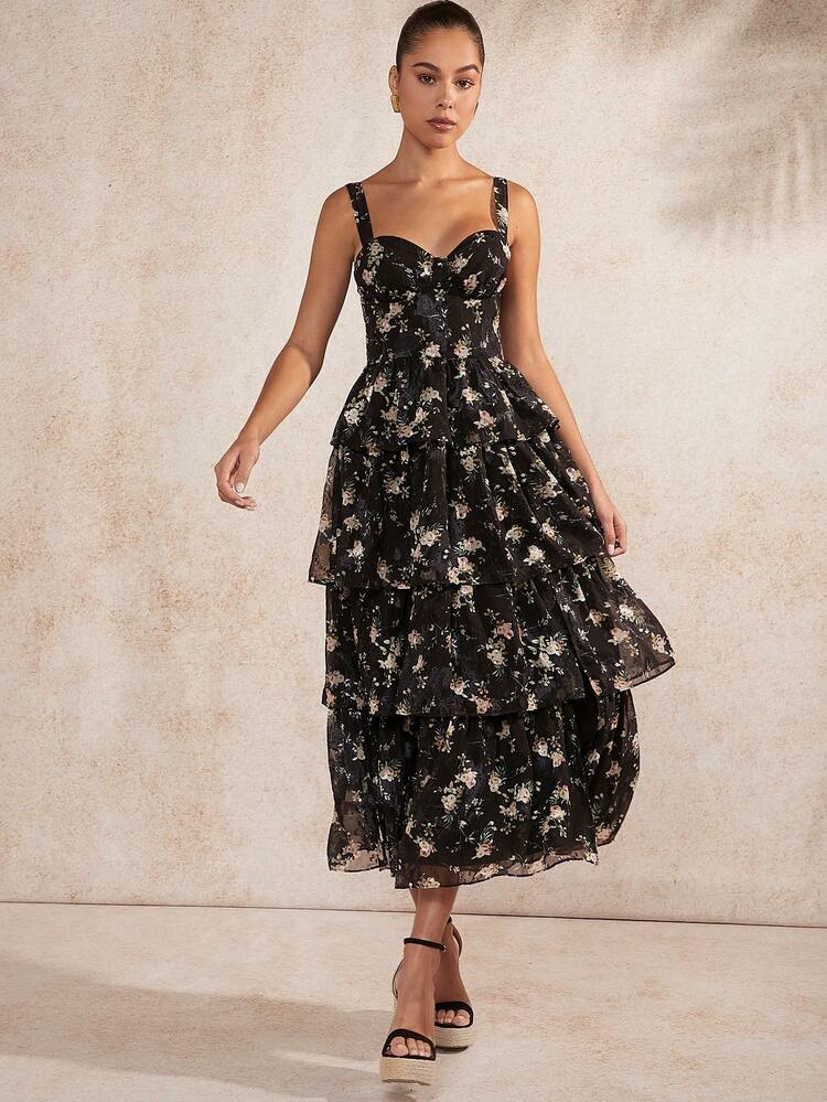 Floral Print Layered Ruffle Dress