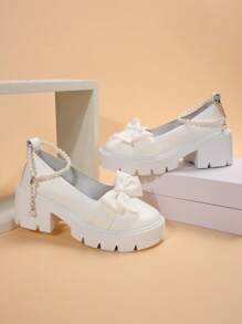 Women's Wedge High Heels Round Toe Mary Jane Shoes With Faux Pearl Chain Decoration