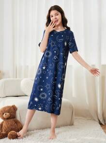 夏季少女鬆身星星印花家居服睡衣 - 寶藍色 - 查看 6