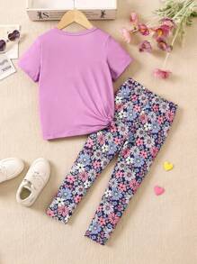 SHEIN Young Girl Flower Printed Short Sleeve T-Shirt And Pants Set, Summer, School, Campus, College - Purple - View 2