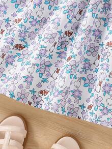 SHEIN 少女夏季新品兔子刺繡、拼布、花卉印花可愛短袖裙 - 紫色 - 查看 3