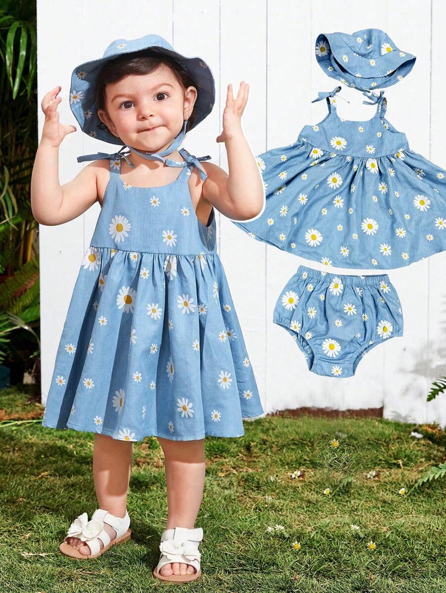 SHEIN Baby Girl Summer Holiday Flower Patterned 3pcs Set - Cami Dress, Shorts, And Hat - Blue - View 1