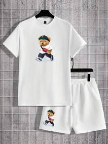 Manfinity Hypemode Men's Summer Casual Bear Printed Short Sleeve T-Shirt And Shorts 2pcs/Set