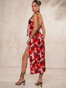 L'Amorae Floral Asymmetric Draped Neck Dress - Multicolor - View 2