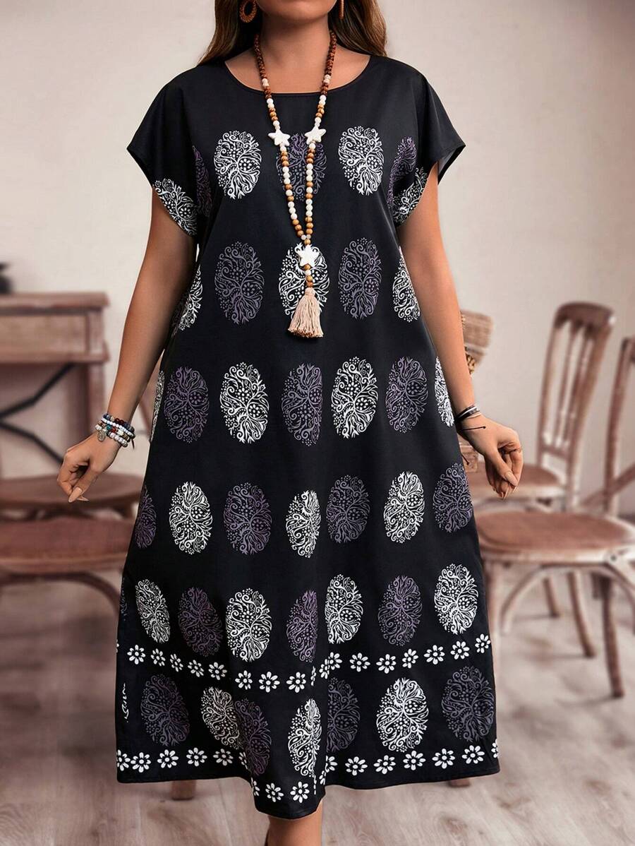 EMERY ROSE Đầm Maxi Tay Cánh Dơi In Họa Tiết Phong Cách Kỳ Nghỉ Hè Cho Nữ Cỡ Lớn, Đầm Đi Biển, Trang Phục Ngày Lễ Boho - màu đen - Xem 1