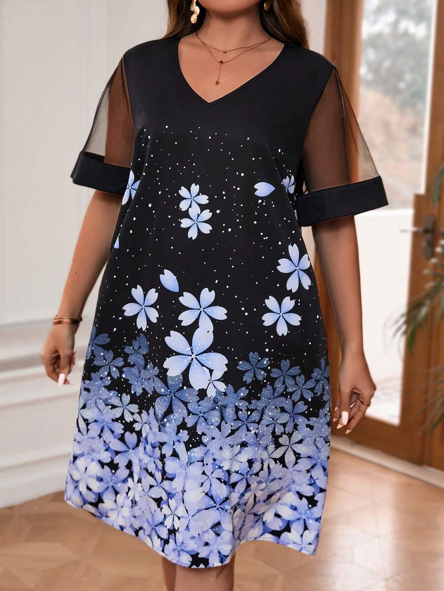 EMERY ROSE Plus Size Nữ Thanh Lịch Trang Phục Xuân/Hè In Lưới Nối Váy Ngày Của Mẹ - Nhiều màu - Xem 1