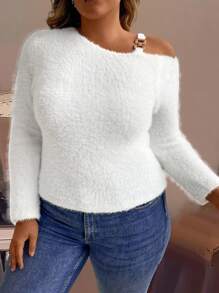 SHEIN LUNE 女式加大码不对称领毛绒毛衣和套头衫 - 白色 - 查看 3