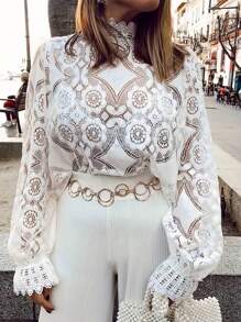 Women Stand Collar Patchwork Lace Long Sleeve Elegant Hollow Out Blouse - White - View 6