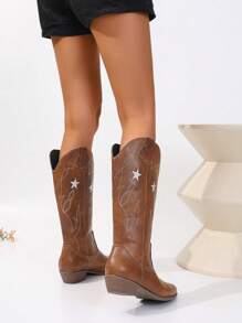Fall/Winter 2025 Embroidered Random Asymmetric Chunky Heel Riding Boots Western Style Women Fashion Boots,Cowboy Boots