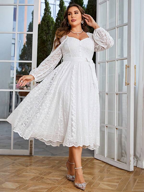 Simplee Plus Size Women Elegant Vintage Lace A-Line Dress, Long Sleeve Waist Cinched, Suitable For Wedding, Party, Birthday