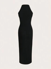 EMERY ROSE Vestido largo y entallado con abertura, estilo casual maximalista para mujer, sin mangas, con cuello redondo, corte y botones, de color negro y ajustado - Negro - Ver 2