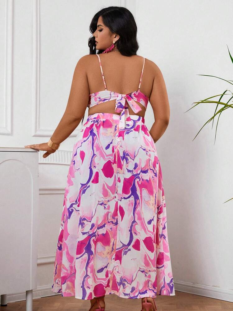 Plus Size Vacation Summer Romantic Water Ripple Printed Spaghetti Strap Dress With Cutout, Perfect For Festival