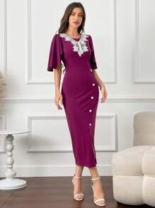 Modelyn Women's Slim Fit Ruffle Short Sleeve Dress With Floral Applique Long Evening Dresses - Purple - View 3