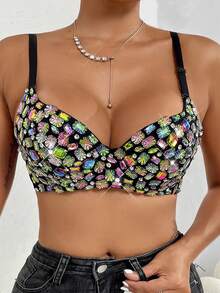 Sexy Fashionable Rhinestone Cropped Spaghetti Strap Top Adjustable Strappy Bustier Party Music Festival Rave Festival Shapewear Tops For Women - Multicolor - View 3