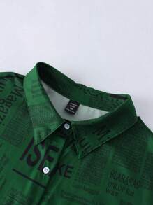 SHEIN LUNE Vestido Camisero De Talla Grande Para Mujeres Con Estampado De Periódico Y Botones En La Parte Delantera - Verde Oscuro - Ver 5