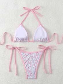 Swim Mod 女士時尚甜美粉色迷你花卉印花比基尼套裝，帶肩帶，適用於夏季海灘 - 彩色 - 查看 2