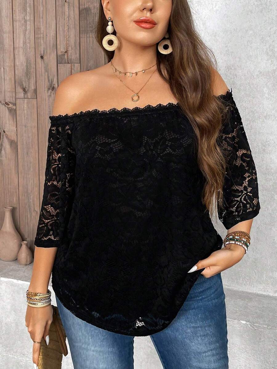 SHEIN LUNE 大码黑色蕾丝露肩衬衫 - 黑色 - 查看 1