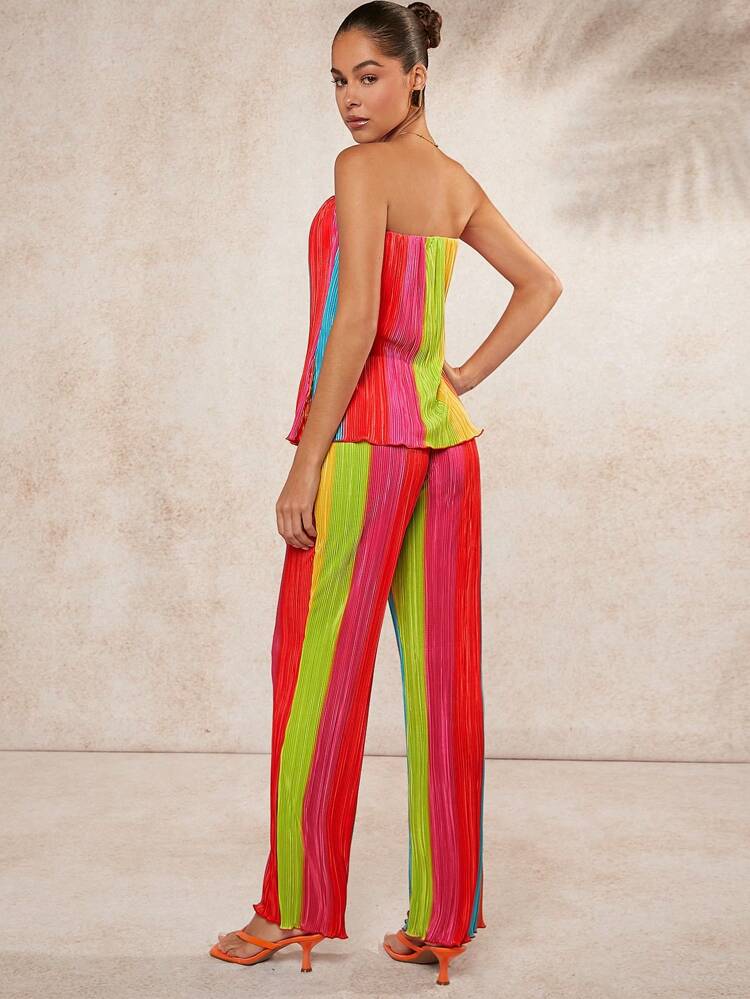 Rainbow Plisse Tube Top & Pants Two Pieces Set