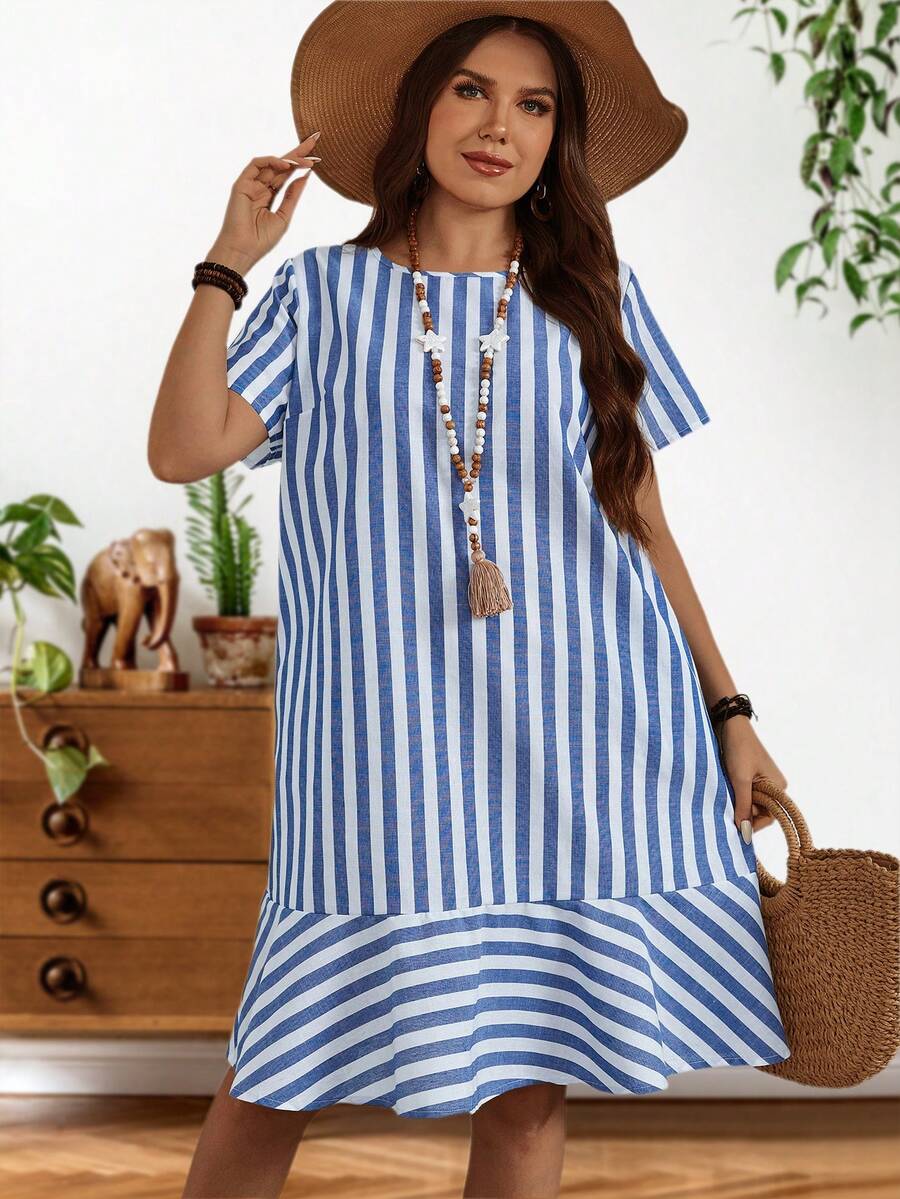 EMERY ROSE 大尺碼夏季短袖條紋連衣裙 - 藍白色 - 查看 1