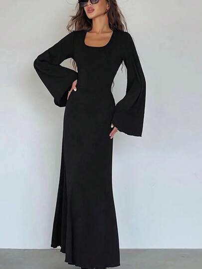Women Casual Round Neck Bodycon Long Flare Sleeves Back Tie Elegant Daily Street Fall Winter Long Dress