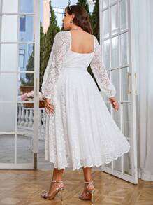 Simplee Plus Size Women Elegant Vintage Lace A-Line Dress, Long Sleeve Waist Cinched, Suitable For Wedding, Party, Birthday
