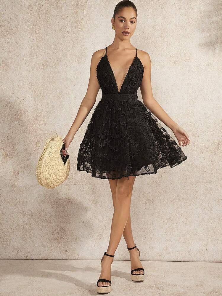 Plunging Neck Backless Lace Dress