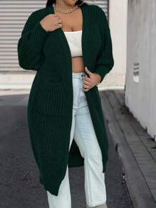 SHEIN LUNE Plus Size Batwing Sleeve Long Cardigan, Winter - Dark Green - View 6