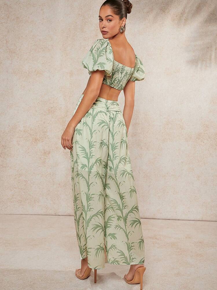 Leaf Puff Sleeve Top & Pants Two Pieces Set