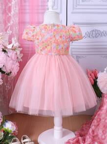 Baby Girl Cute Party Dress With 3d Flower Bubble Sleeves And Mesh Hemline - Pink - View 2